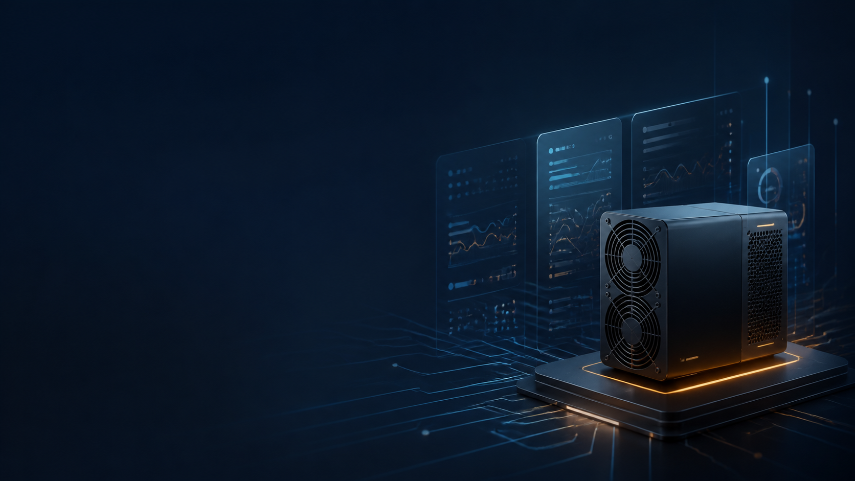 Abstract home miner and on-device performance dashboard illustration