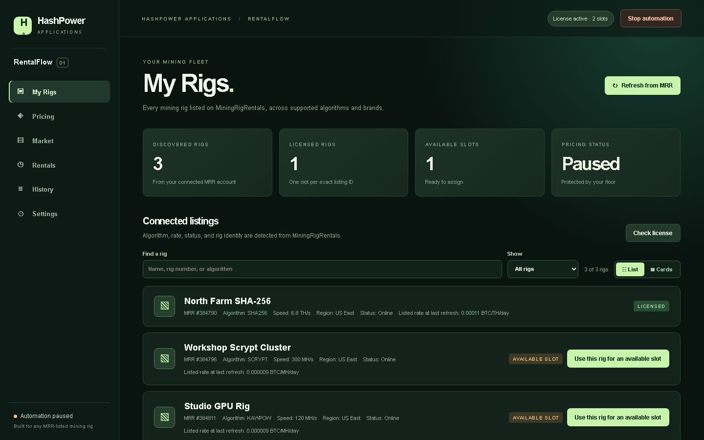RentalFlow My Rigs view with demonstration rigs and detected algorithms